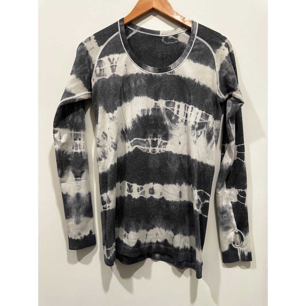 Lululemon Swiftly Tech Long Sleeve 2.0 Tie Dye Stripe Black Grey White Size 10